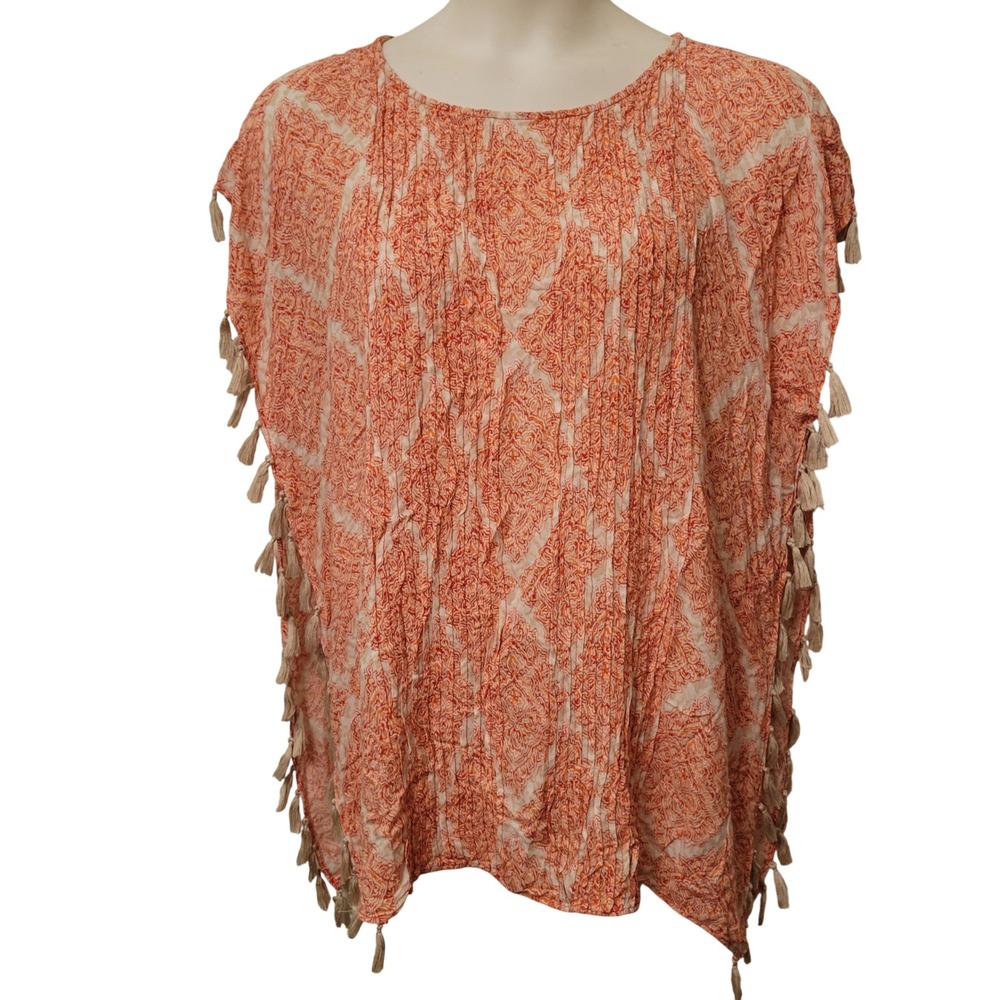 Chicos S/M Poncho Orange White Tassel Diamond Print Side Slit Top Coastal Summer